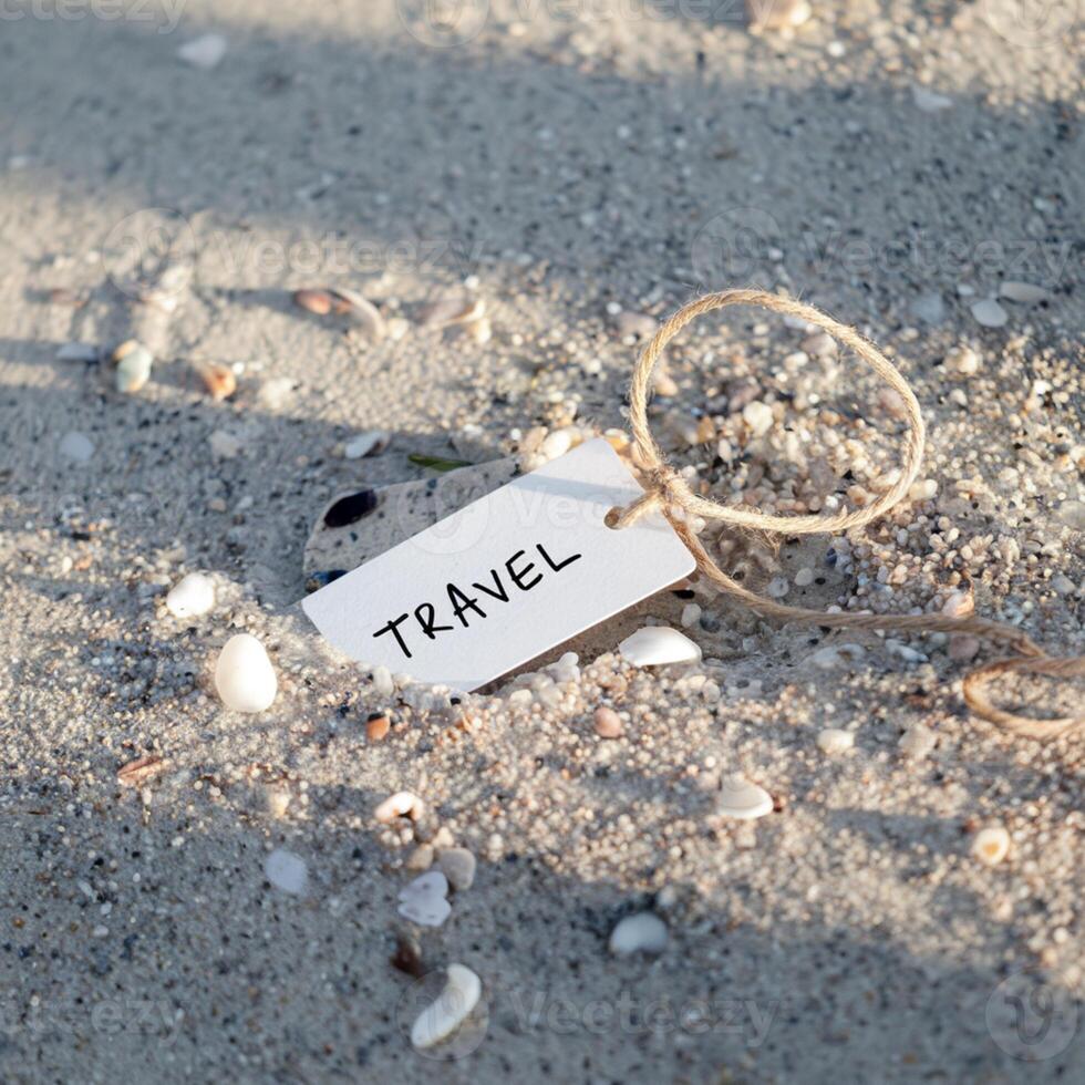Small tag labeled Travel buried in sand, scattered shells under sunlight For Social Media Post Size photo