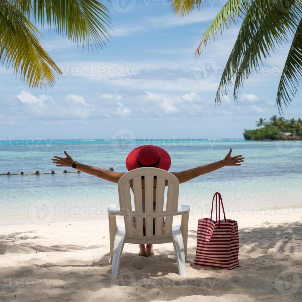 Person in red hat sits on beach chair, facing calm ocean view For Social Media Post Size photo