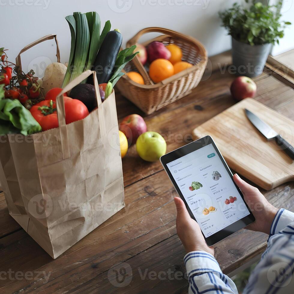 Wooden tabletop with paper bag of vegetables, cutting board, tablet, online grocery shopping For Social Media Post Size photo