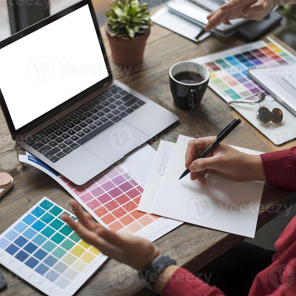 Workspace with laptop, coffee, person writing, color palette suggests creative office environment For Social Media Post Size photo