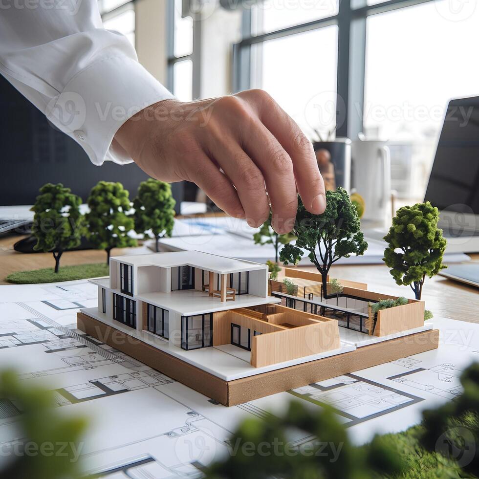 Architectural model on blueprints, hand placing miniature tree thoughtfully For Social Media Post Size photo