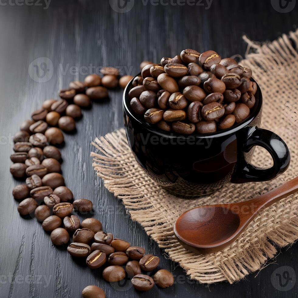 Black cup filled with coffee beans, rustic wooden surface For Social Media Post Size photo
