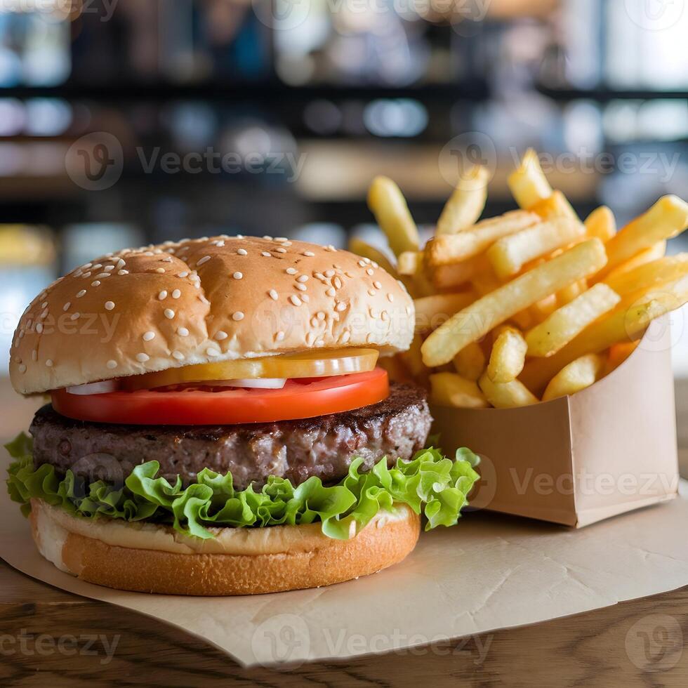 Hamburger with fries in paper container, classic fast food pairing For Social Media Post Size photo