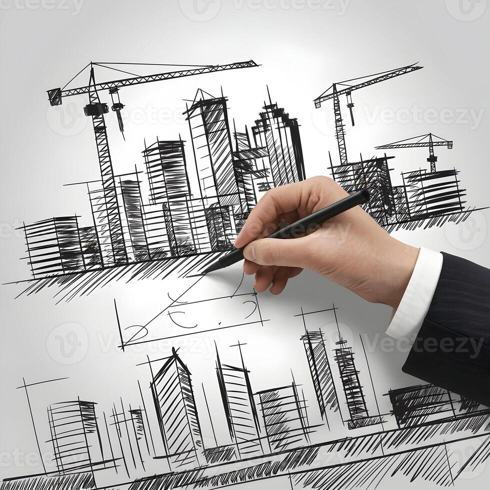 Hand sketches cityscape, white background highlights architecture and creativity For Social Media Post Size photo