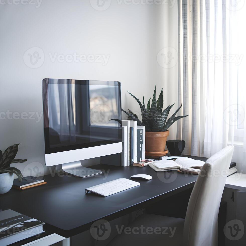 Blank monitor, potted plant, neat desk, window lighting minimalist workspace For Social Media Post Size photo