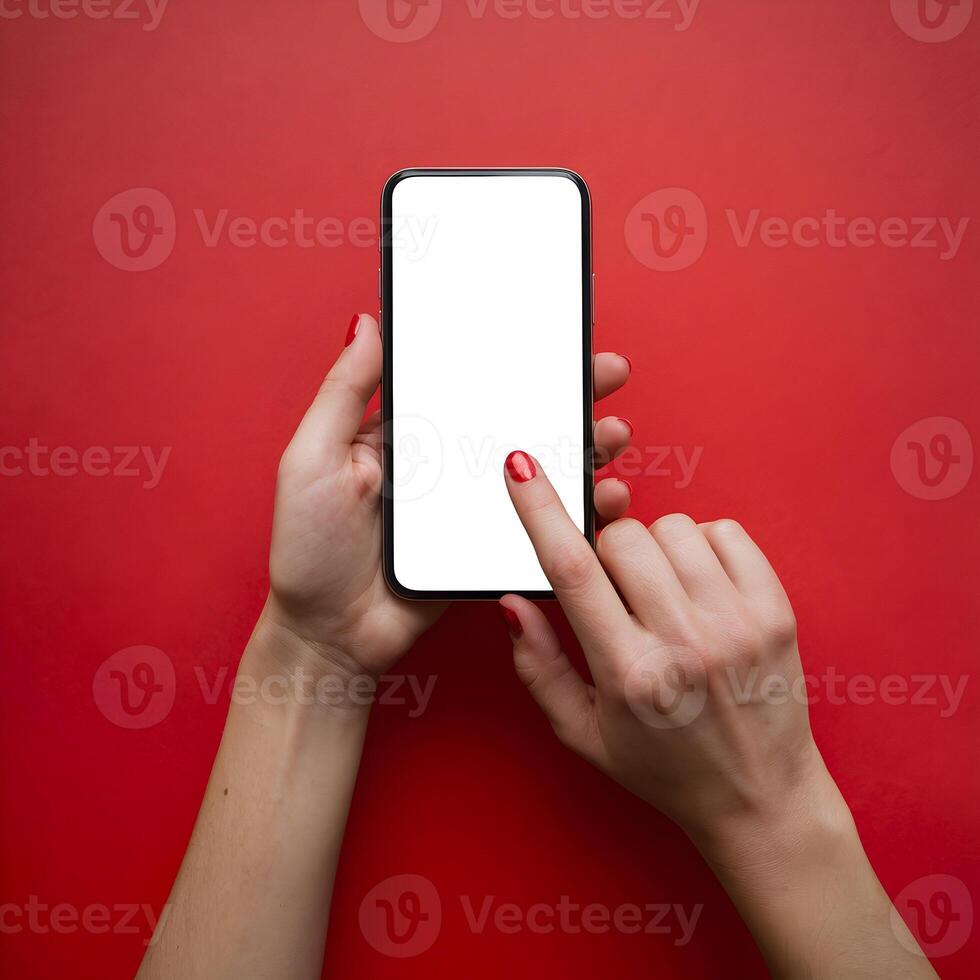 Hands with red nails holding smartphone, vibrant red background, technology and style For Social Media Post Size photo