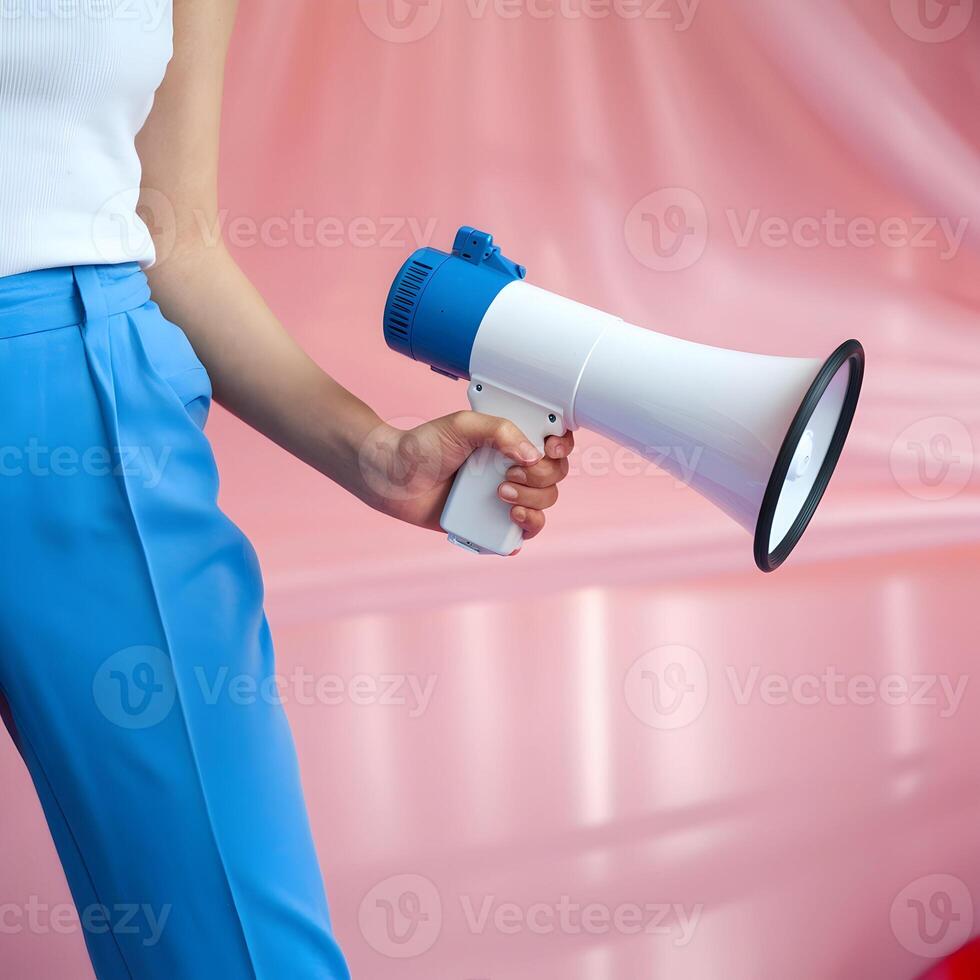 Blue trousers, white megaphone, vibrant pink background, minimal, vibrant focal point For Social Media Post Size photo