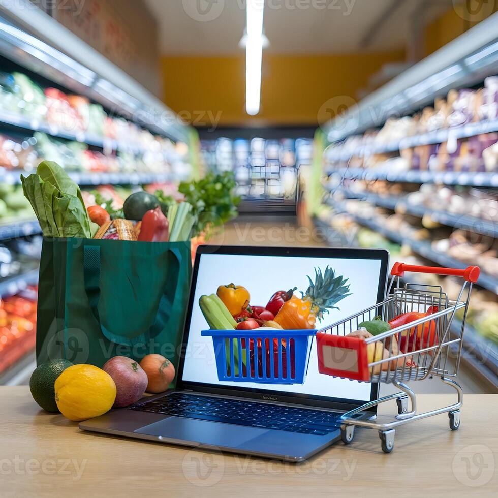 Laptop displays produce, shopping cart, and green grocery bag, online grocery shopping For Social Media Post Size photo