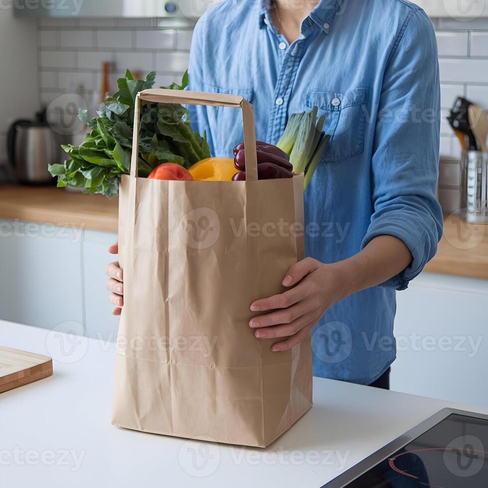 Modern kitchen, person holds paper bag with produce, stylish home meal preparation For Social Media Post Size photo