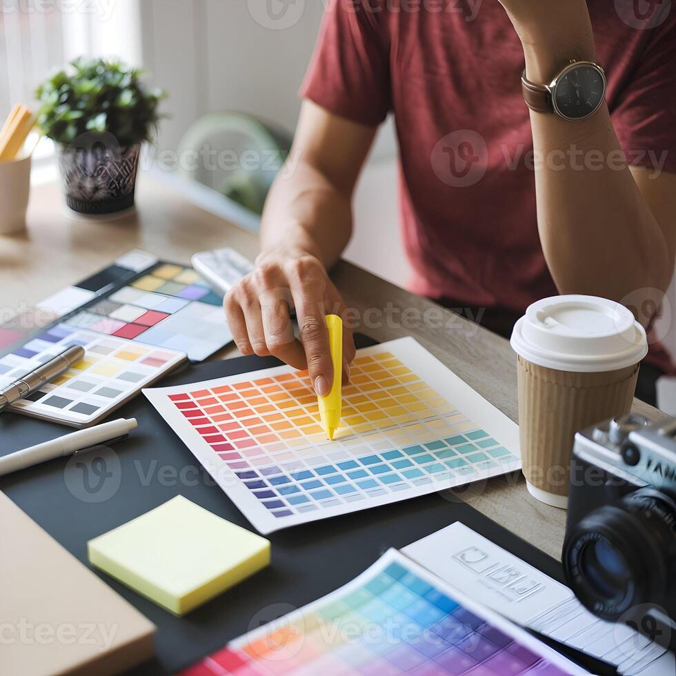 Person points at color chart, surrounded by stationery, creative casual workspace For Social Media Post Size photo