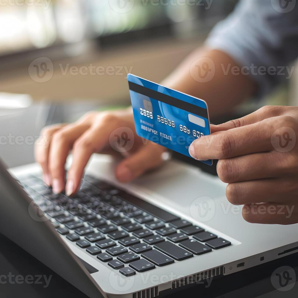 Typing on laptop with credit card, emphasizing digital transaction and online purchase For Social Media Post Size photo