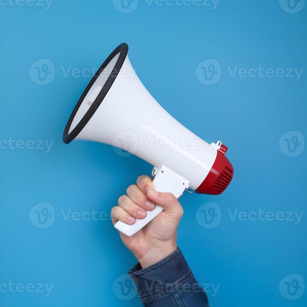Hand holds white megaphone with red base, contrasting vibrant blue background For Social Media Post Size photo