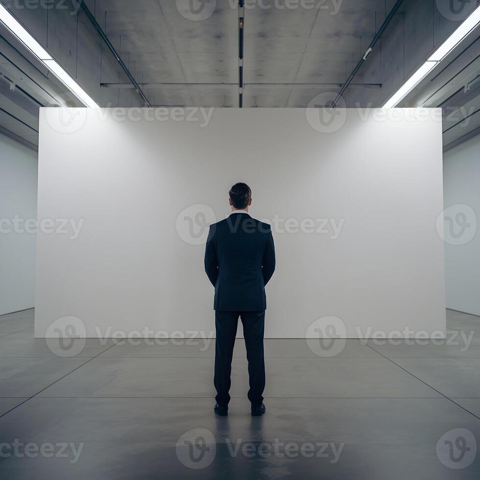 Man in suit stands before blank white canvas in serene gallery For Social Media Post Size photo