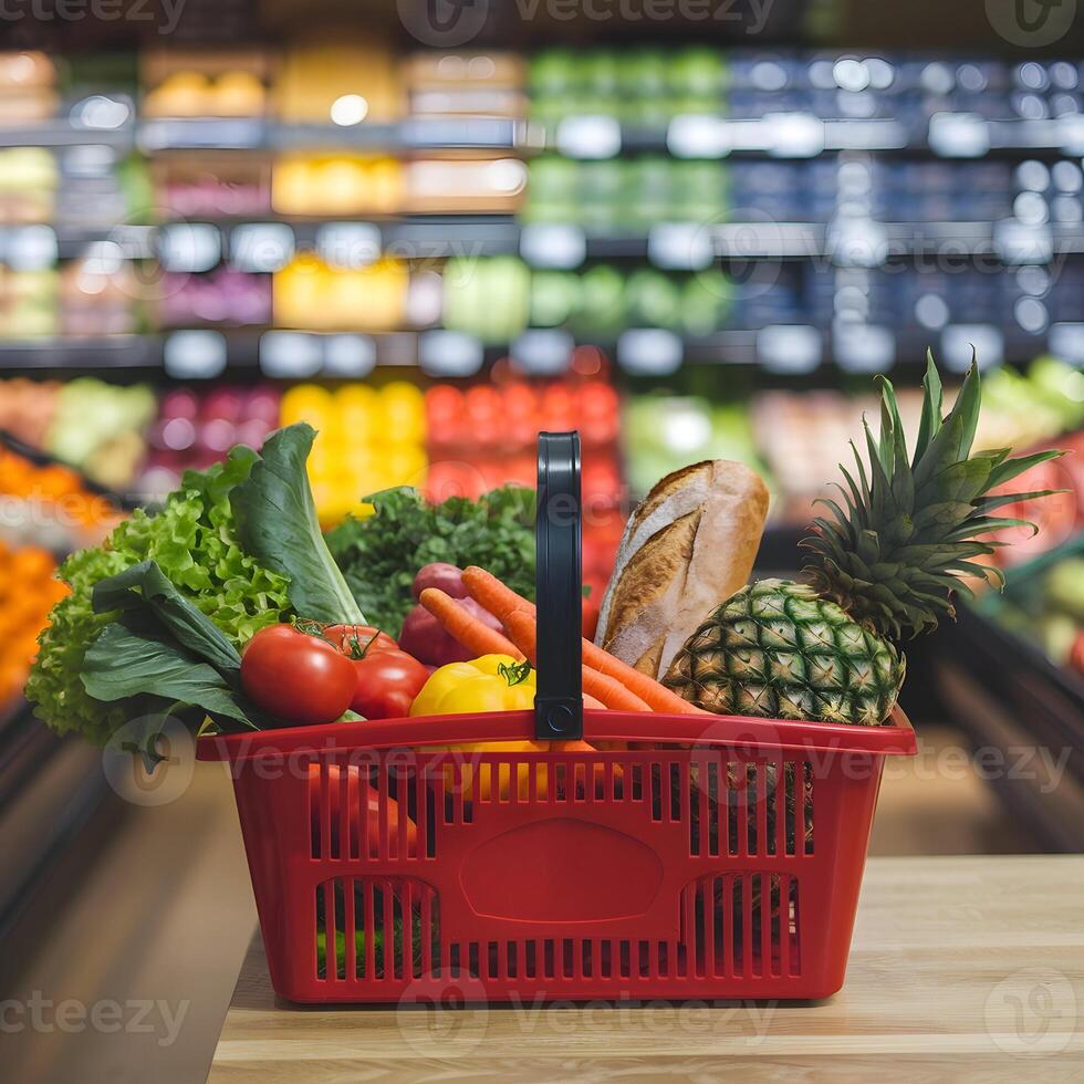 Red shopping basket filled with fresh produce, set against blurred grocery store backdrop For Social Media Post Size photo
