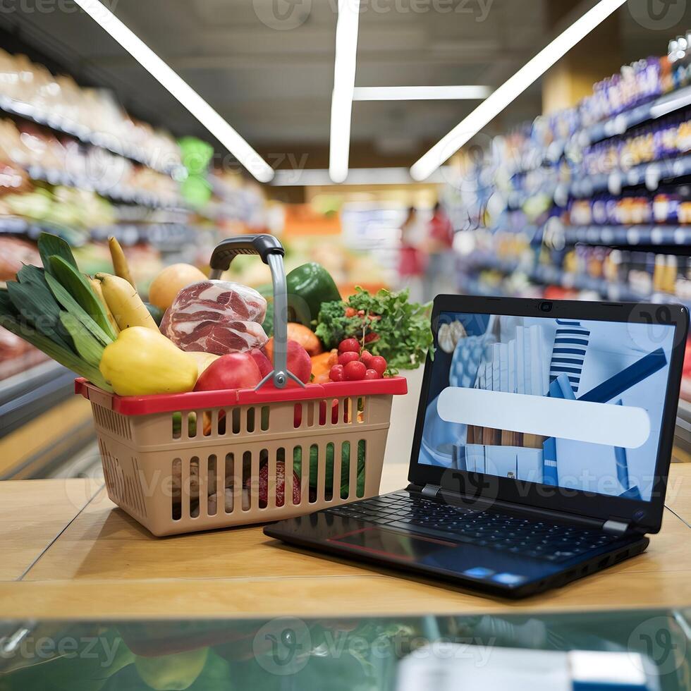 Laptop displays produce, shopping cart, and green grocery bag, online grocery shopping For Social Media Post Size photo