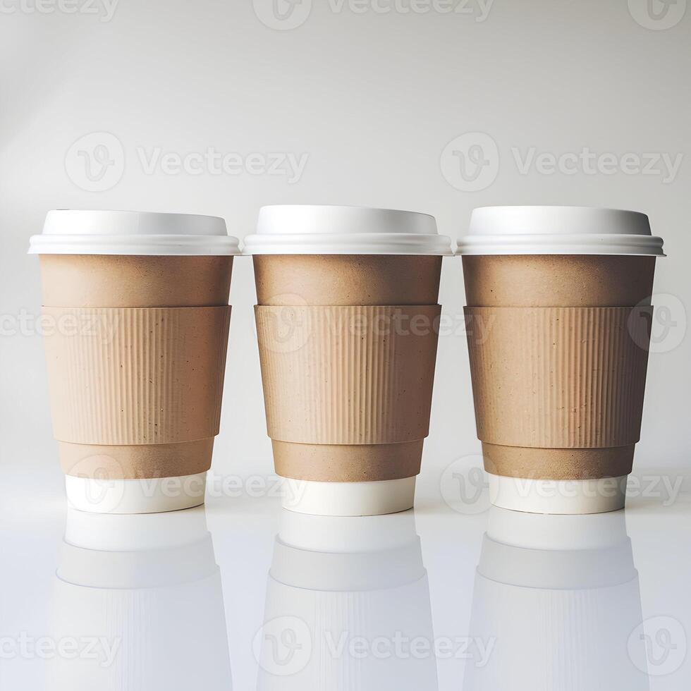 Three takeaway coffee cups on reflective surface, eco friendly branding in simple design For Social Media Post Size photo