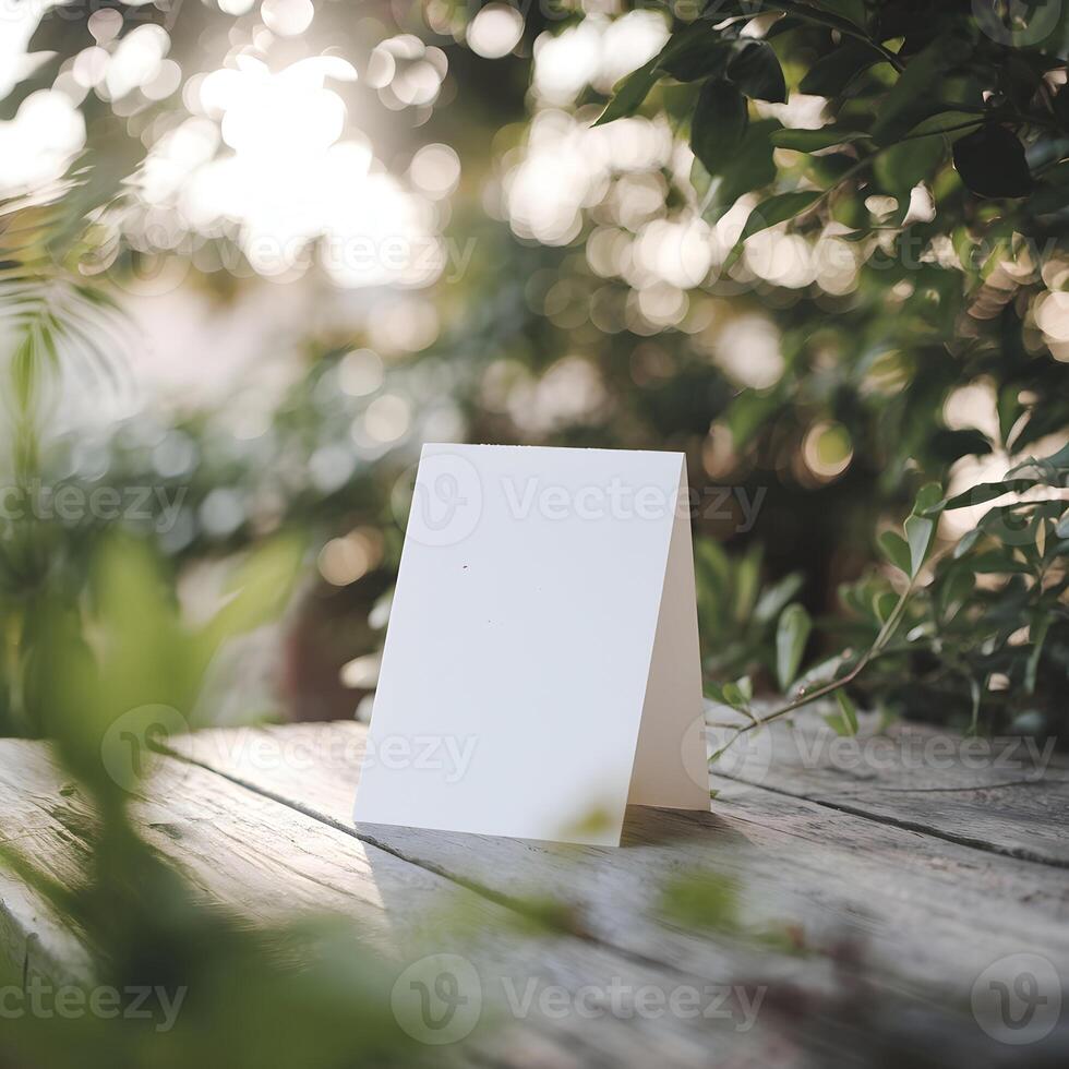 White card on wooden surface with green foliage background, serene garden like feel For Social Media Post Size photo