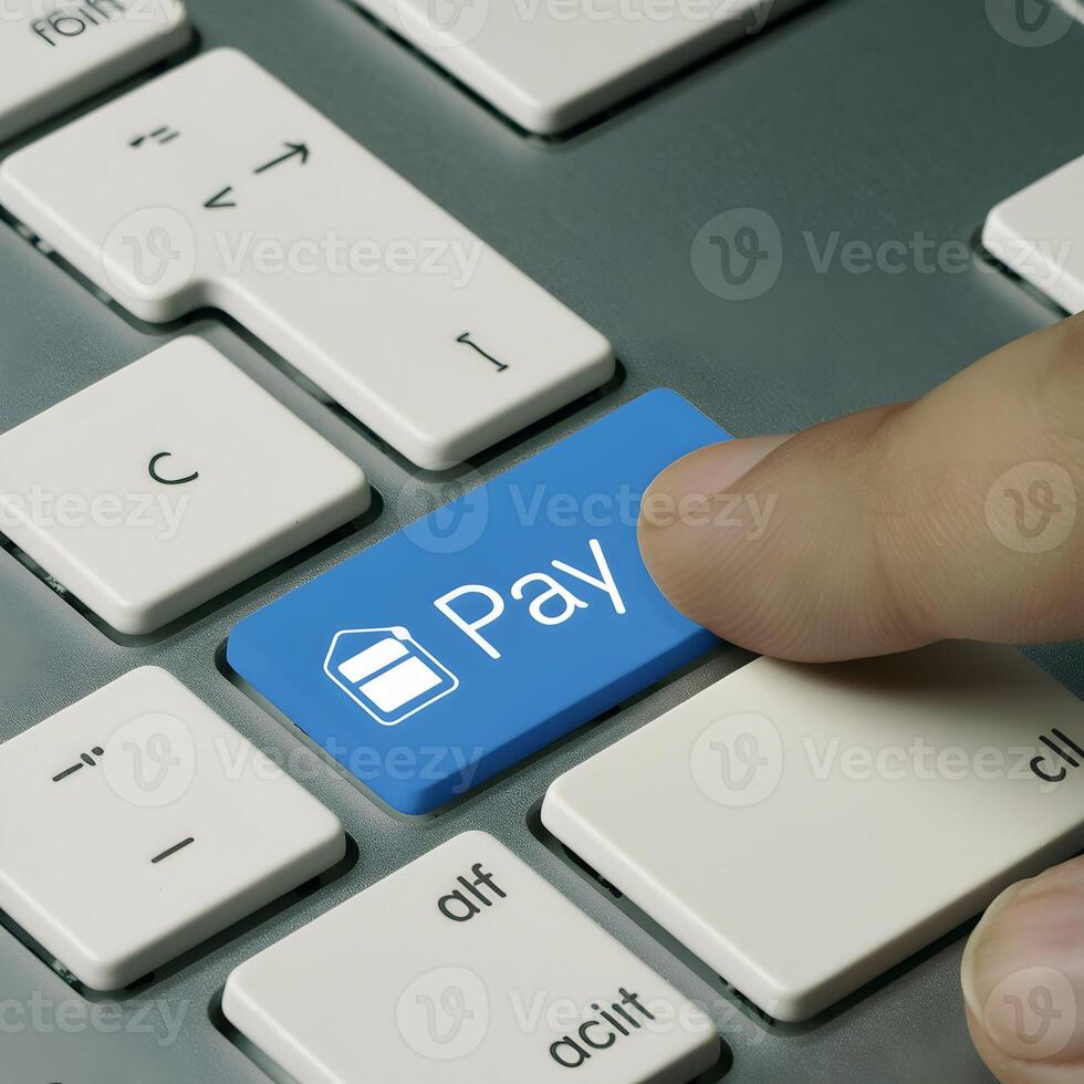 Finger hovers over Pay key on white keyboard, symbolizing e commerce transactions For Social Media Post Size photo