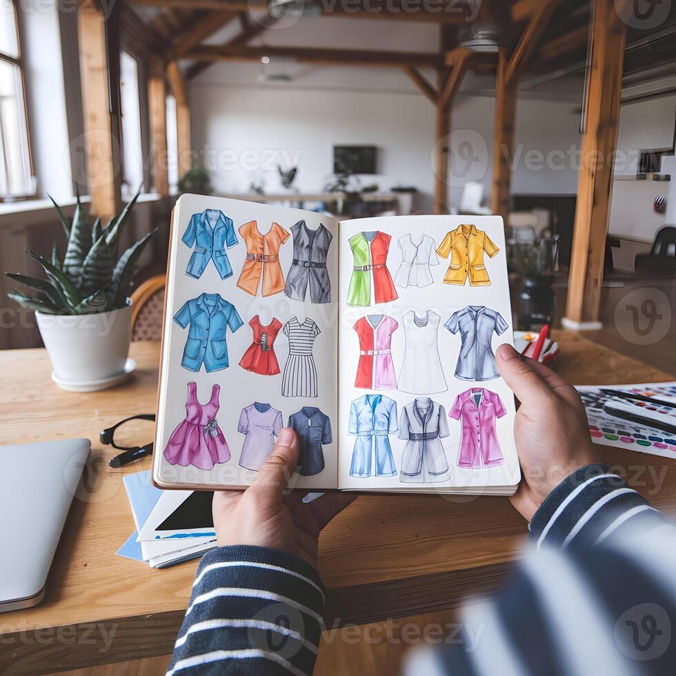 Person holds sketchbook with colorful designs, creative workspace lit by natural light For Social Media Post Size photo