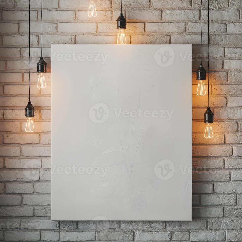 White canvas against brick wall, glowing bulbs create artistic, serene atmosphere For Social Media Post Size photo