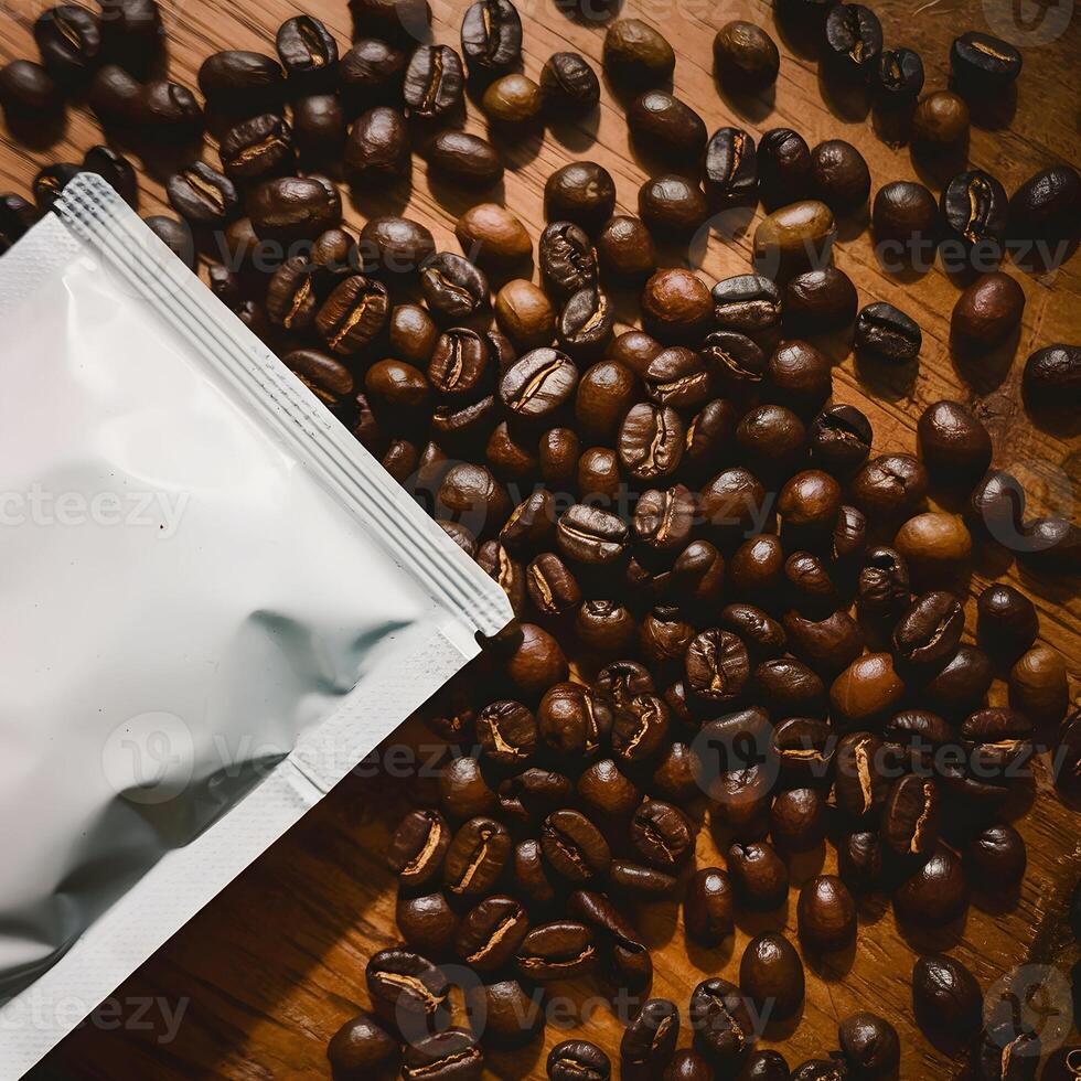 White packet on wooden surface, scattered coffee beans add texture and warmth For Social Media Post Size photo