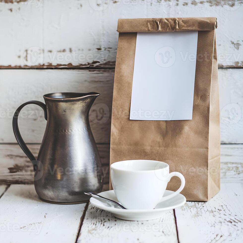 Wooden surface with white cup, metallic pitcher, and brown paper bag, rustic feel For Social Media Post Size photo