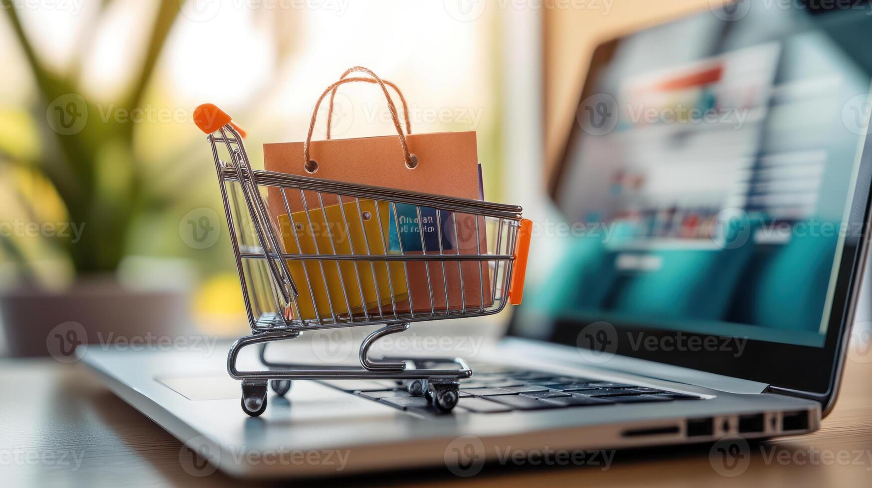 Online Shopping Concept with Laptop and Shopping Cart photo