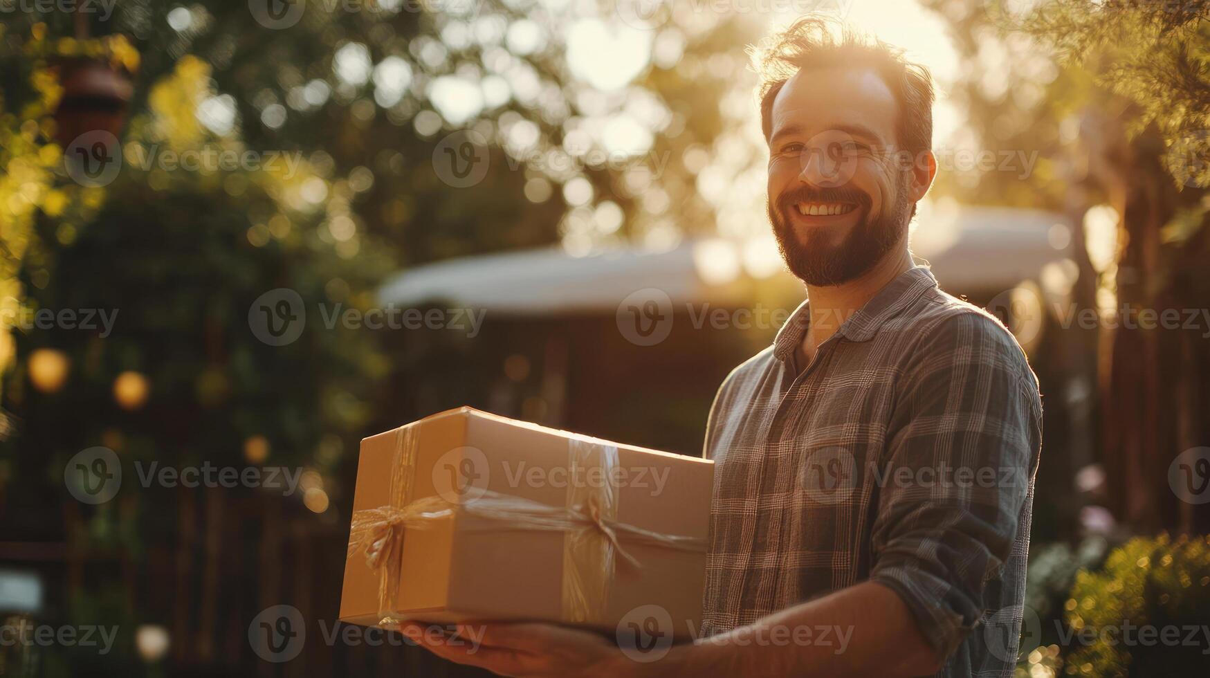 Happy Customer with Package in Natural Light photo