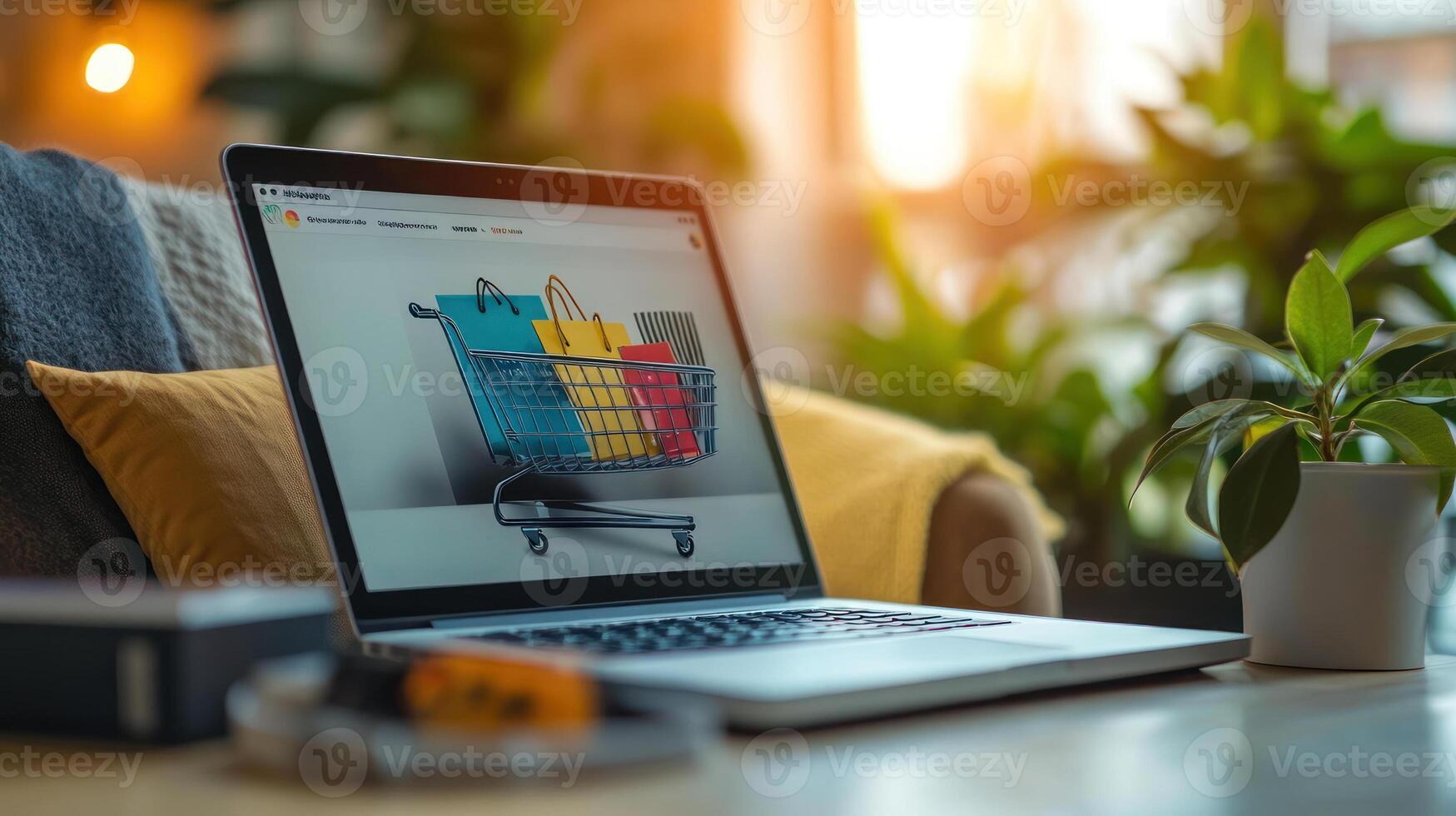 Cozy Workspace with Laptop and E commerce Site Display photo