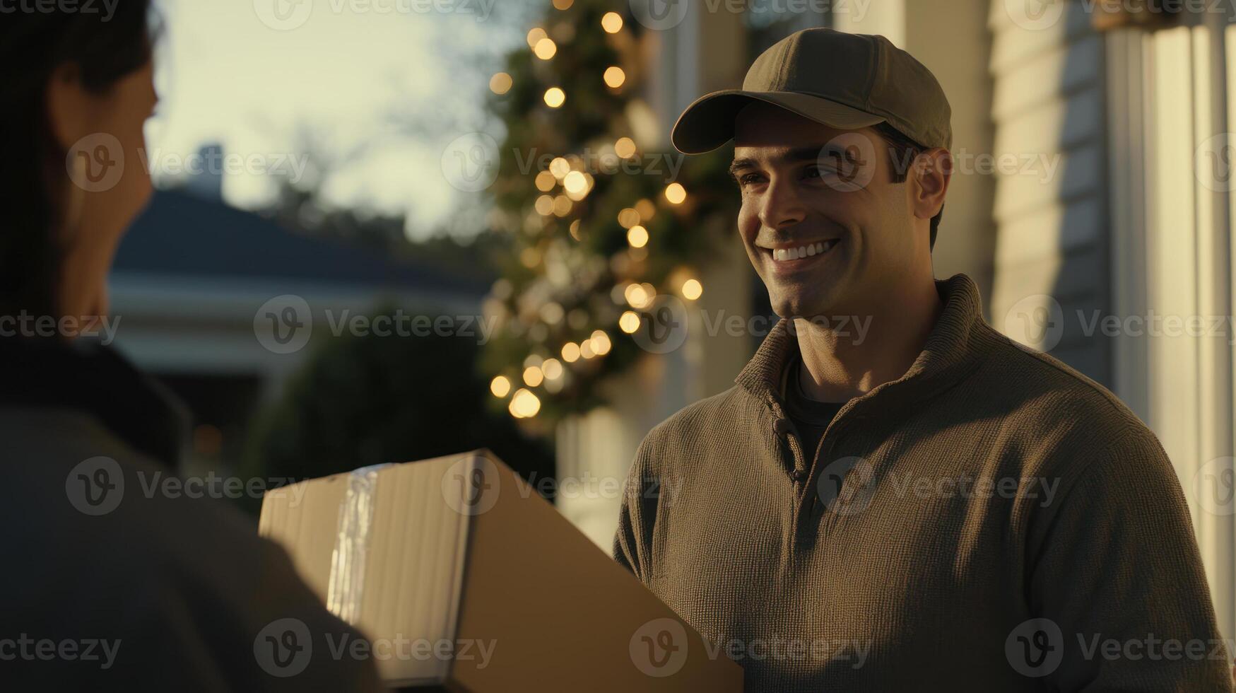 Customer Smiling During Package Delivery at Home photo