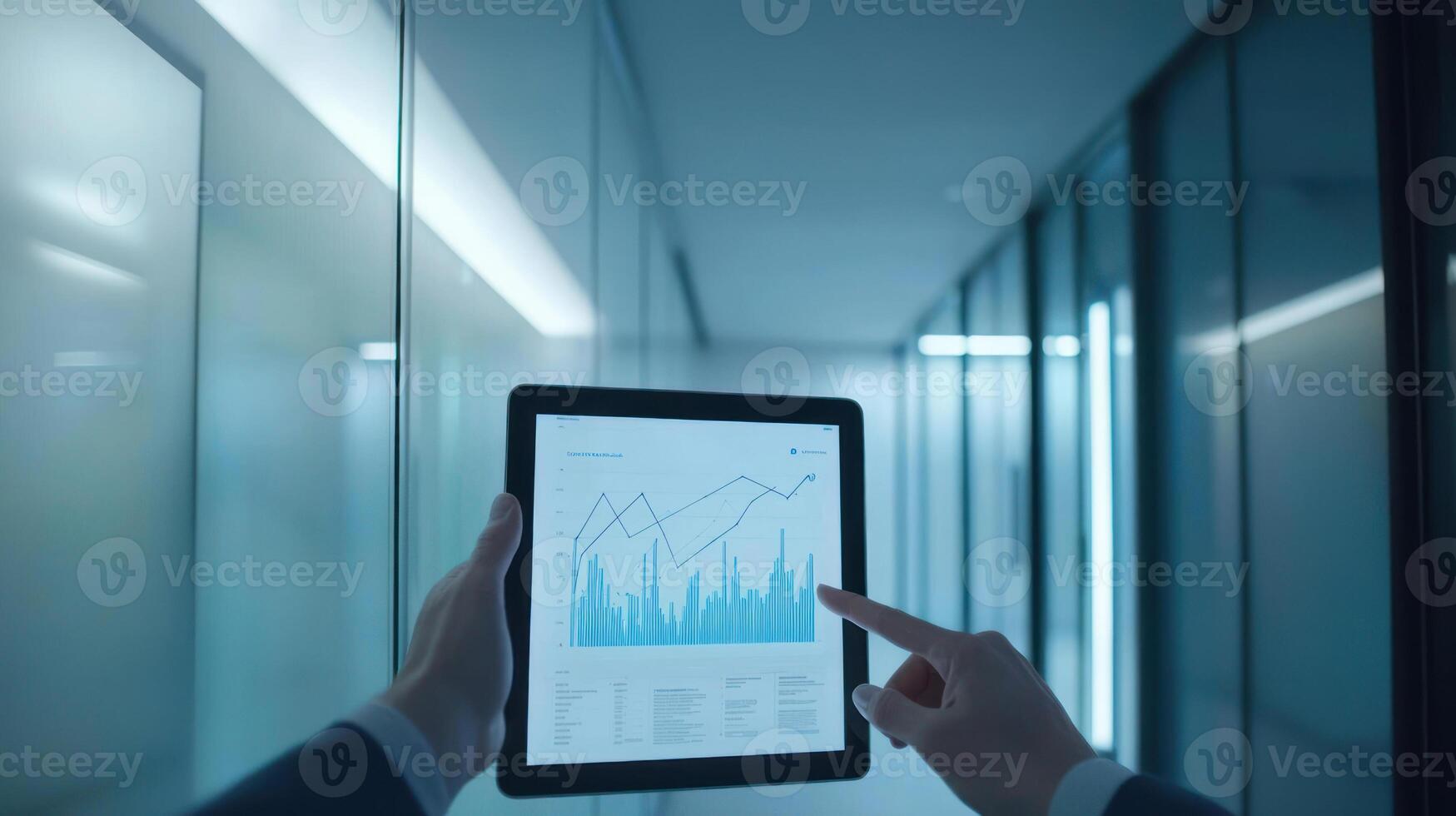 Hands Pointing at Digital Tablet Displaying Charts photo