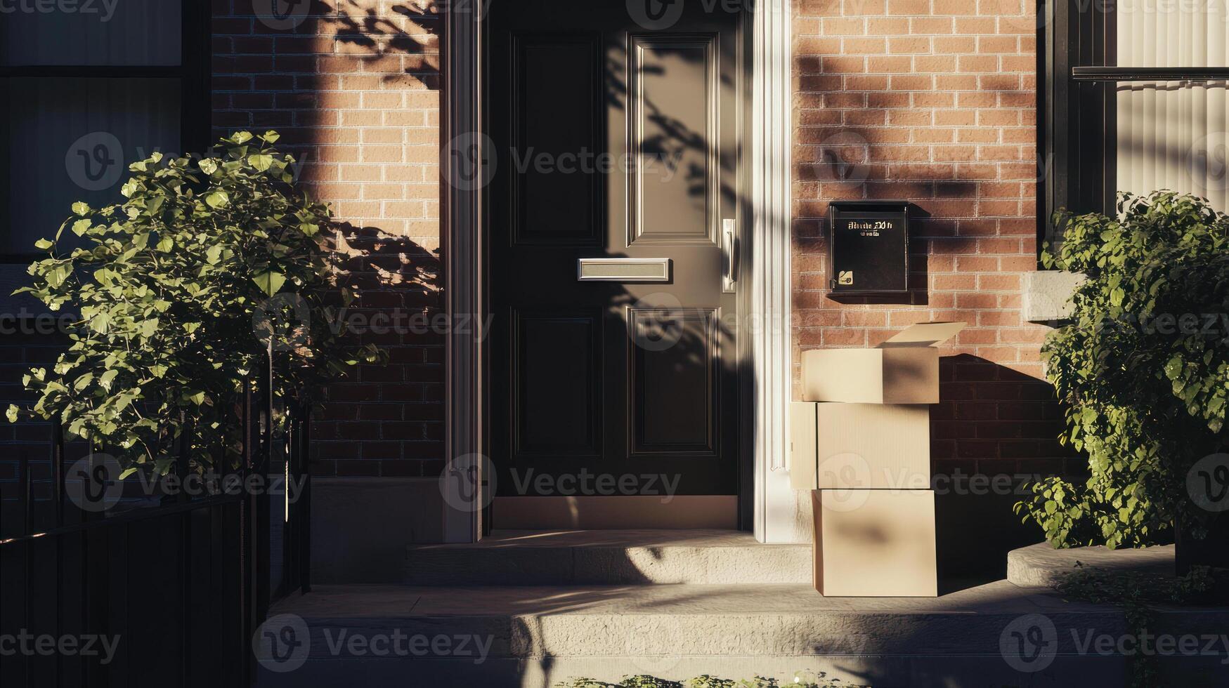 Front View of Delivery Boxes at Welcoming Doorstep photo