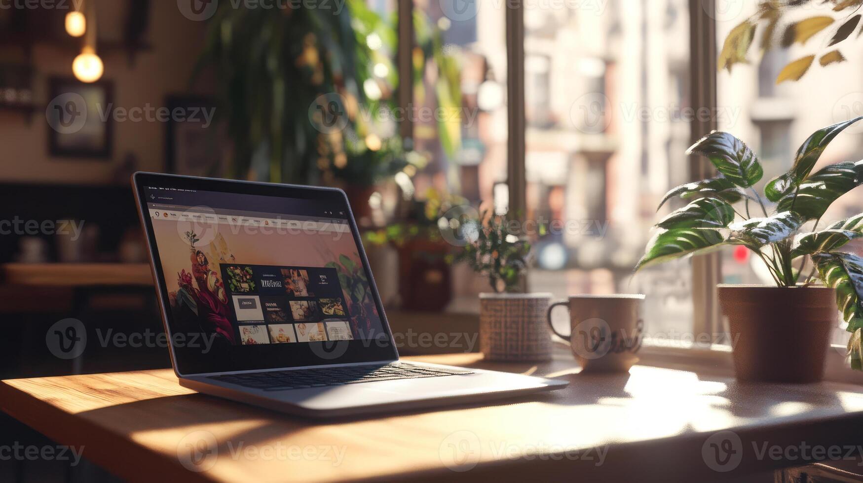 Modern Laptop on Table Near Window with Greenery photo