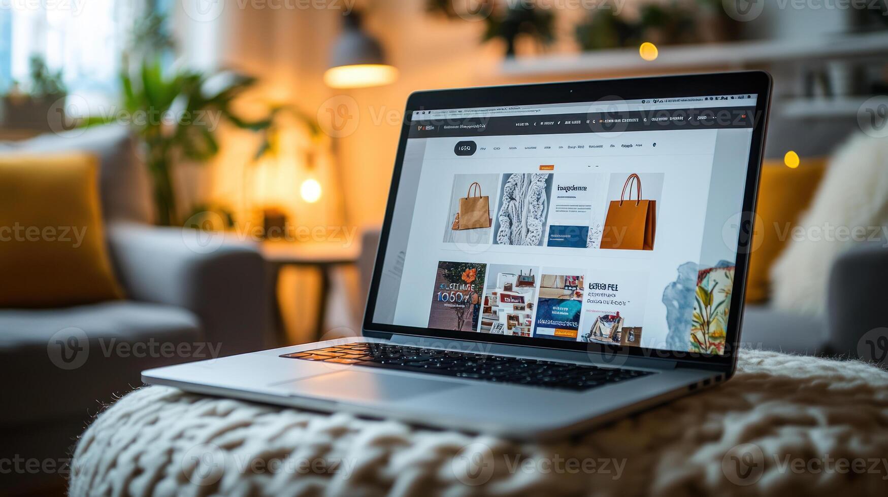 Modern Laptop on Cozy Table Showing Shopping Website photo