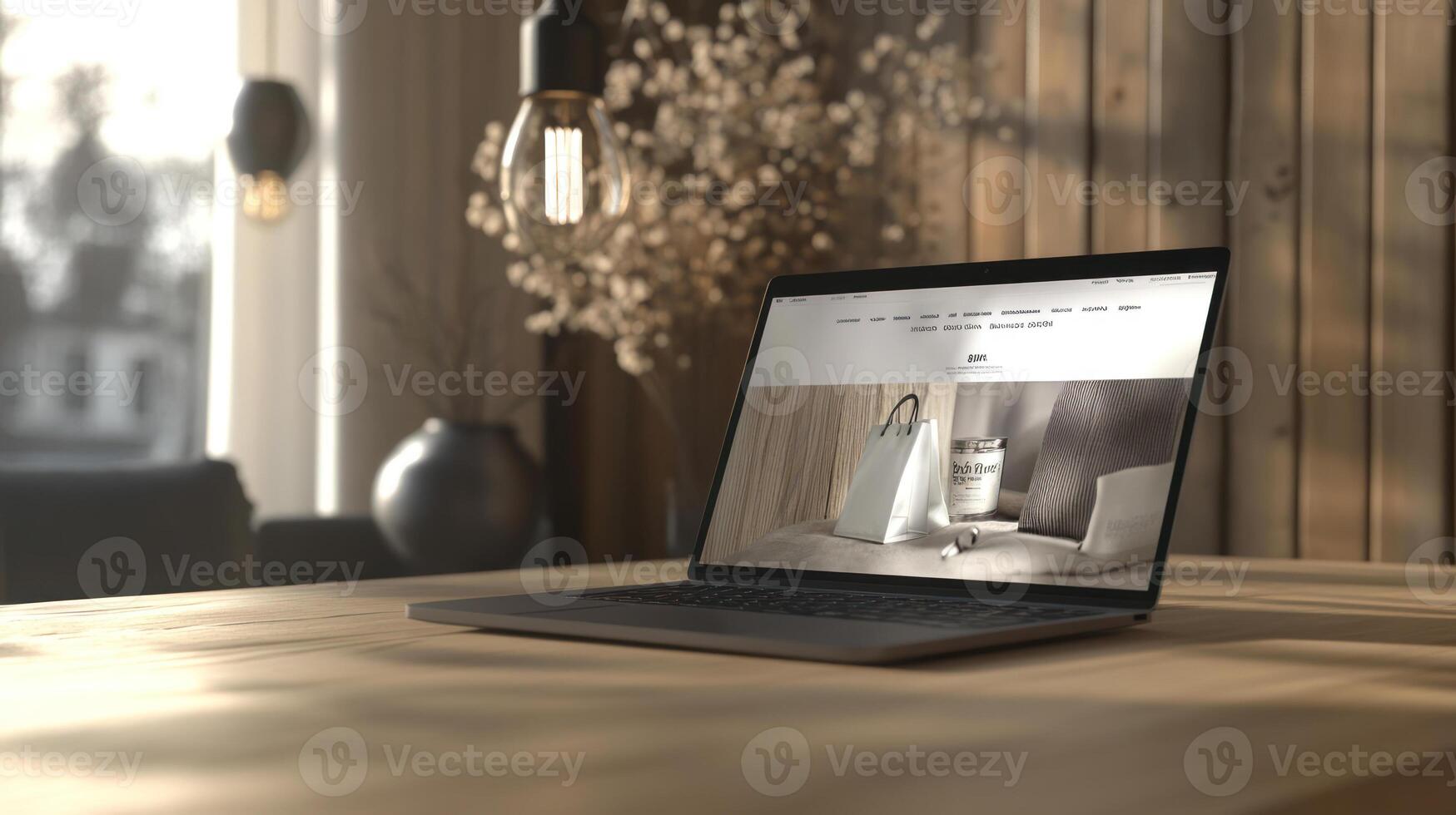 Laptop on Natural Wood Table with Shopping Website Displayed photo