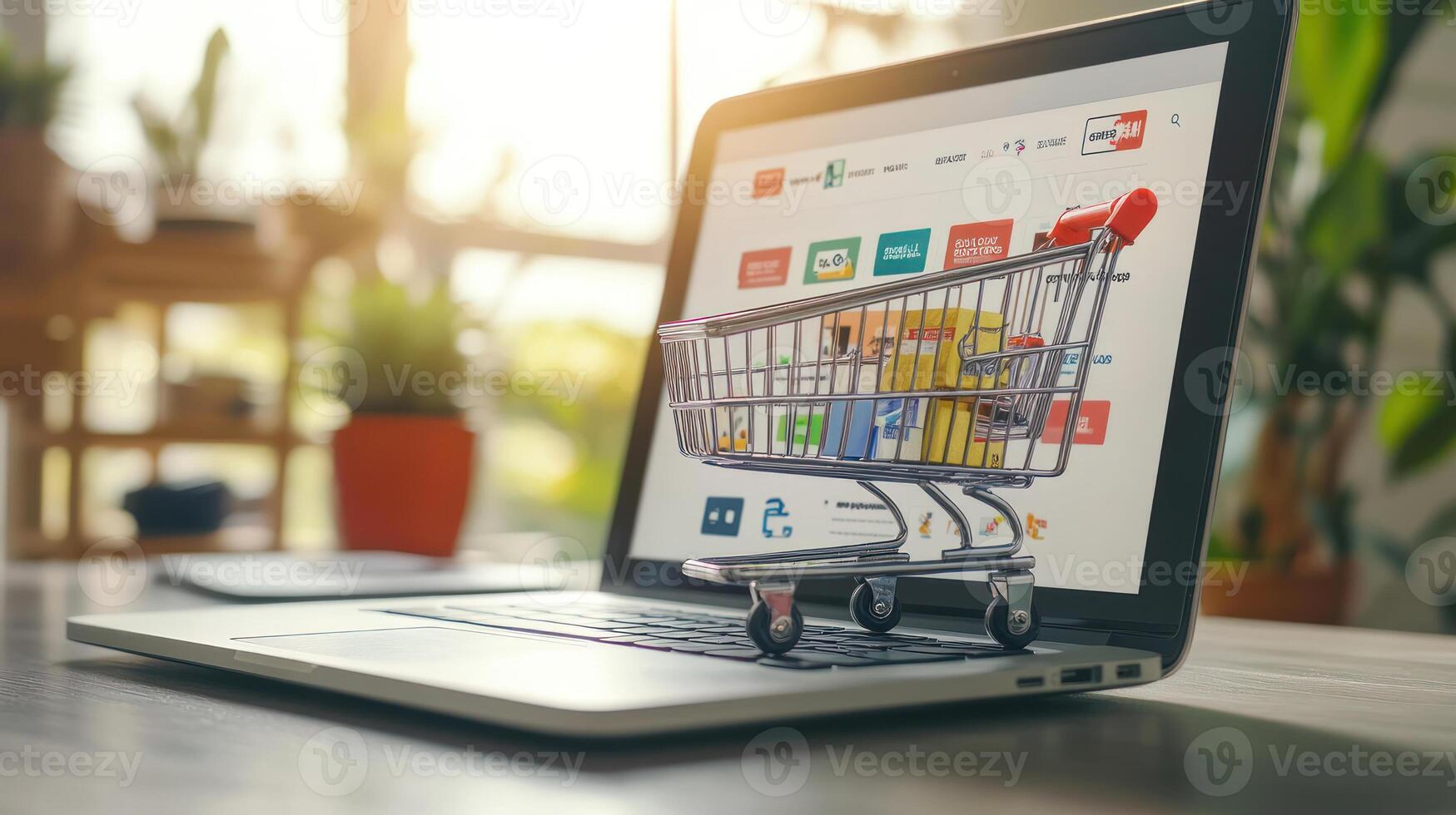 Laptop Displaying E Commerce Site with Shopping Cart photo