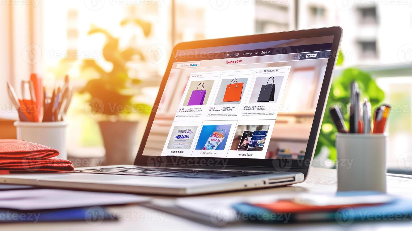 Modern Laptop Displaying Shopping Website on Desk photo