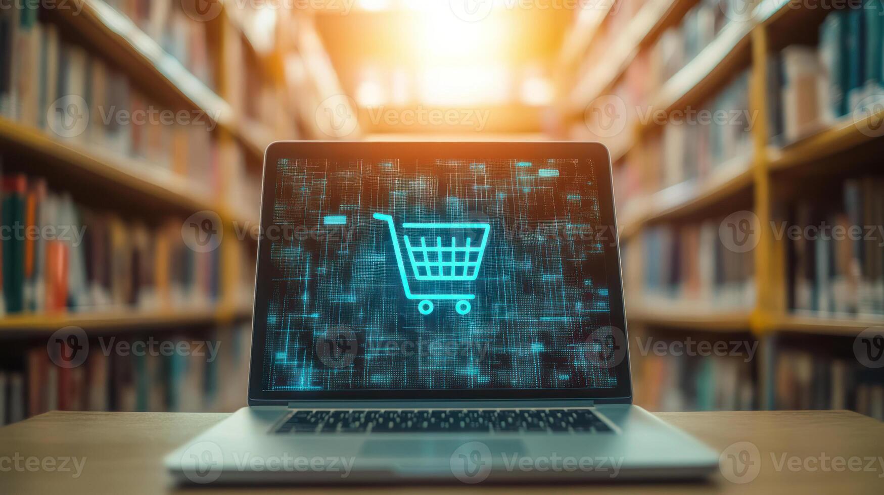 Cozy Laptop with Commerce Interface in Library Setting photo