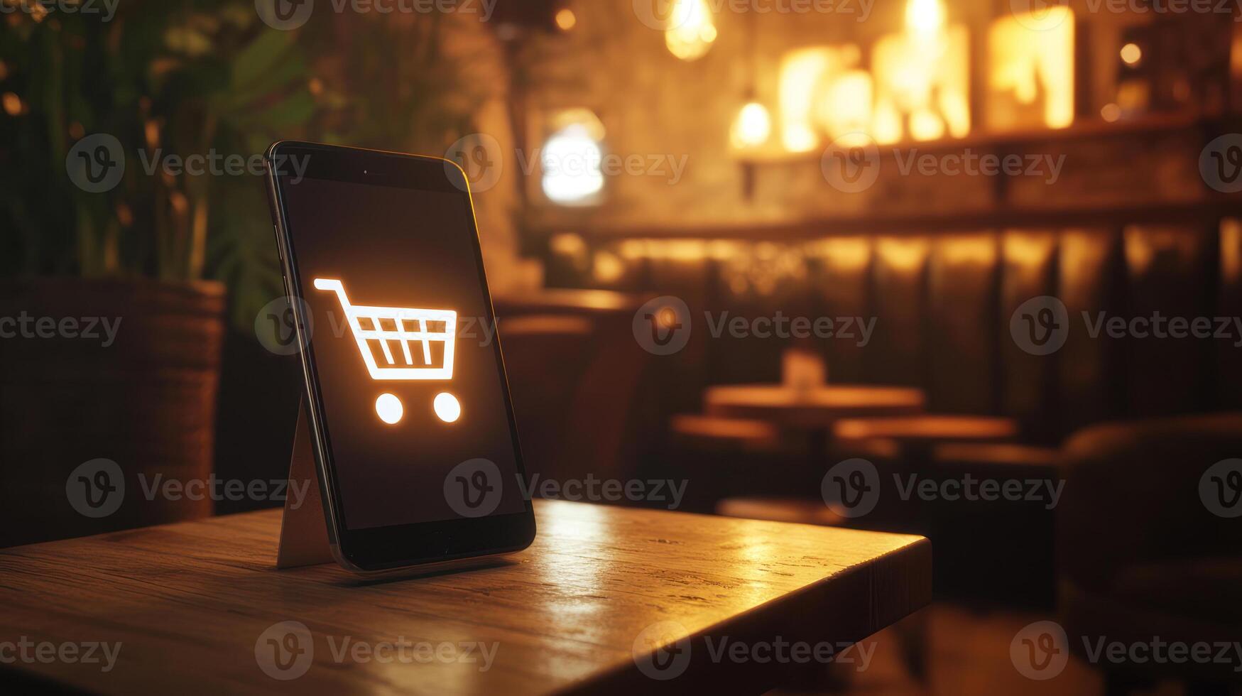 Cart Icon Displayed on Smartphone in Dimly Lit Caf photo
