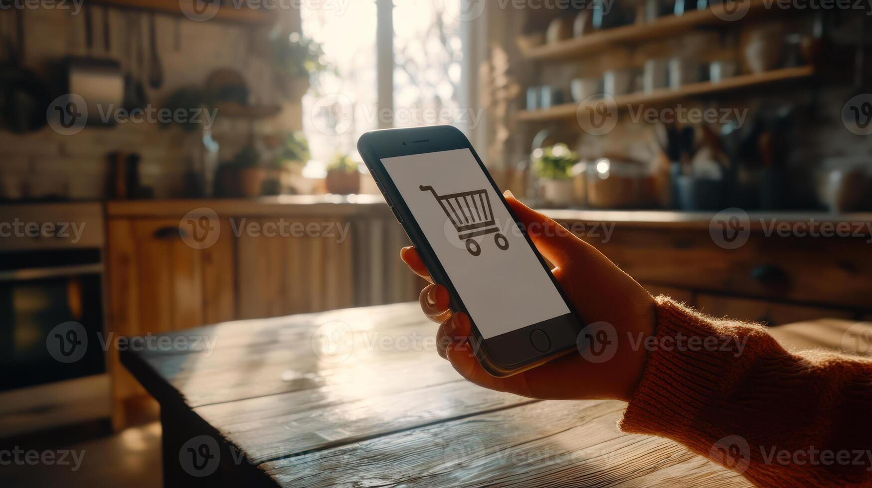 Hand Holding Phone with Shopping Cart Icon Displayed photo