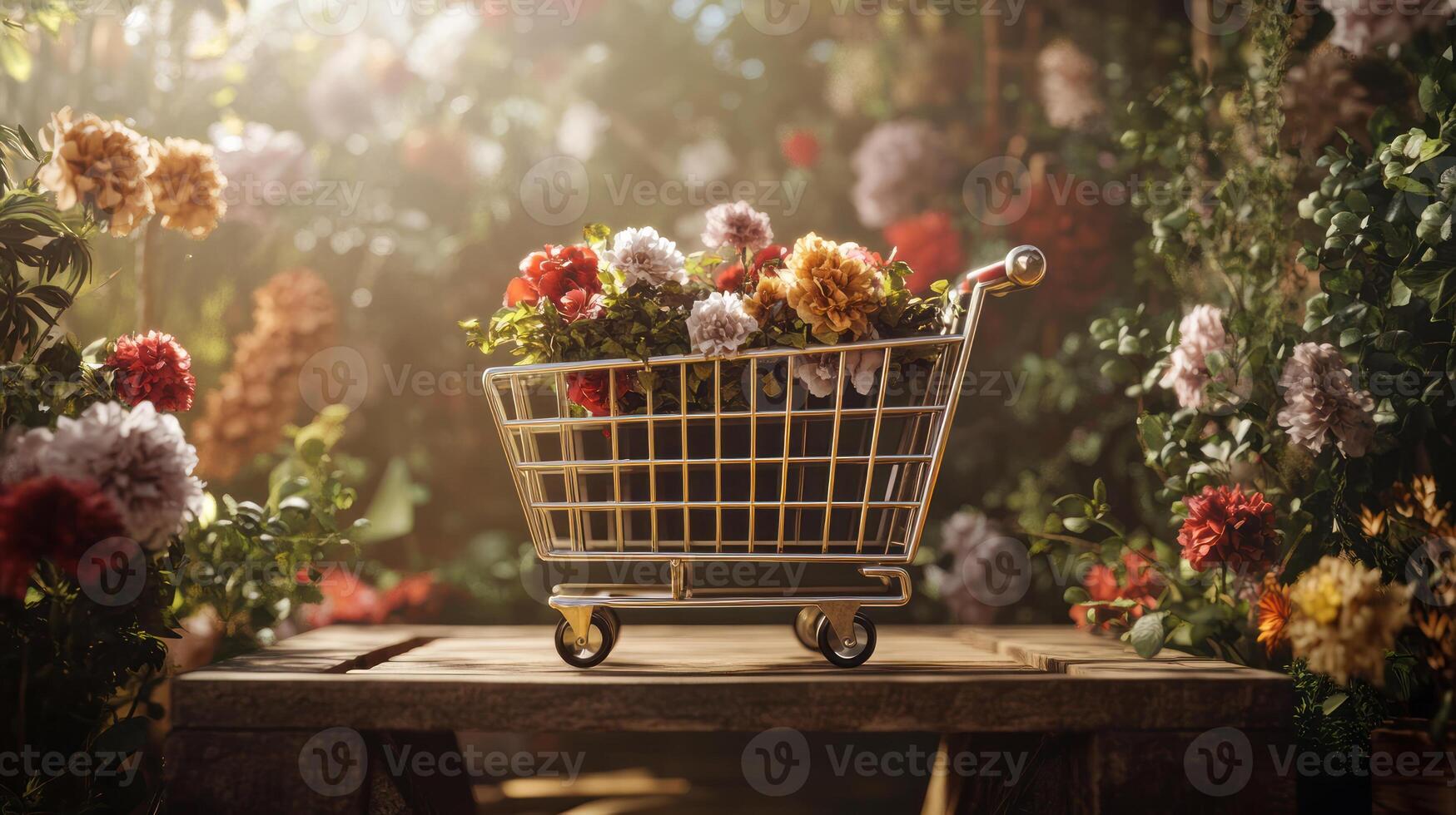 Beautiful Cart Filled with Flowers in a Garden Setting photo