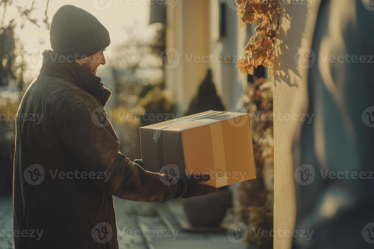 Delivery Person with Package at Doorstep in Evening Light photo