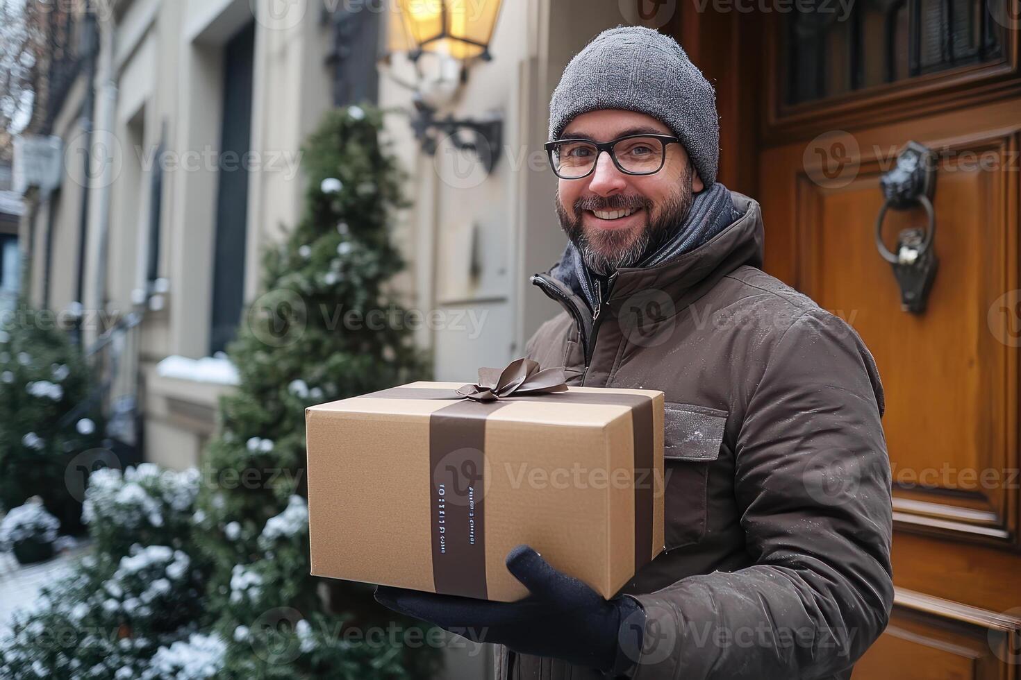 Smiling Delivery Person with Package at Doorstep photo