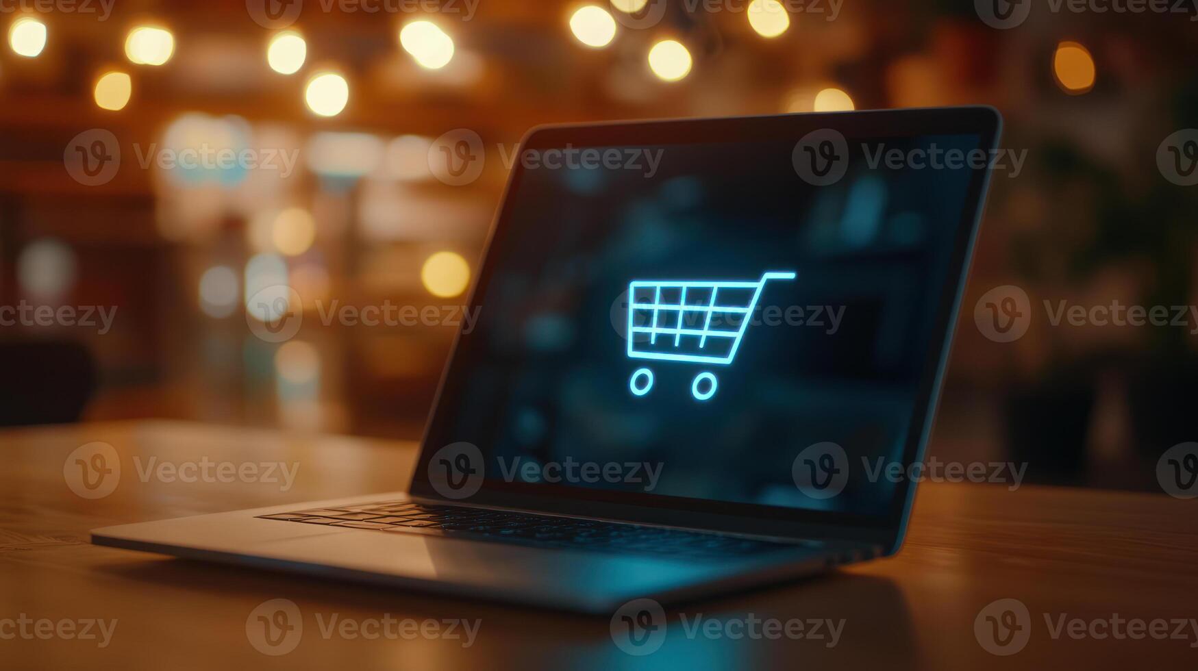 Top Down View of Laptop Screen with Shopping Cart Icon photo