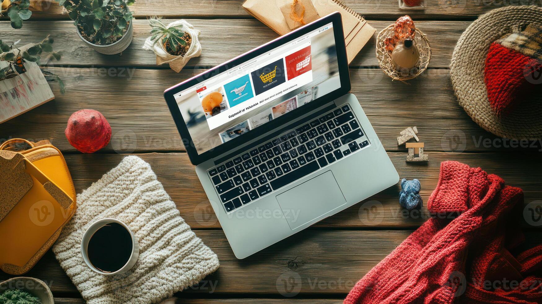 Top View of Laptop with Shopping Website Open photo