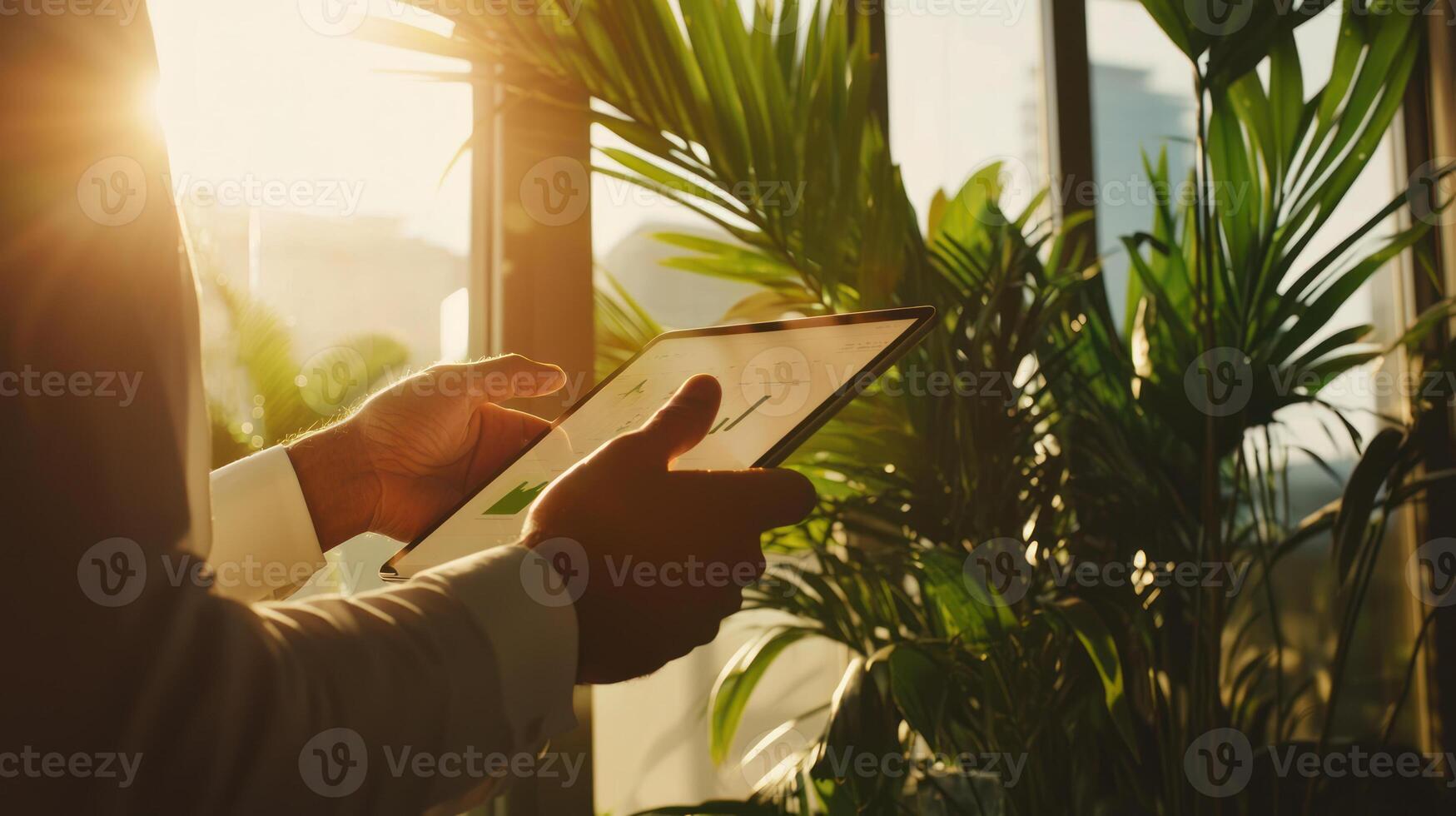 Hands Holding Tablet in Natural Light with Plants photo
