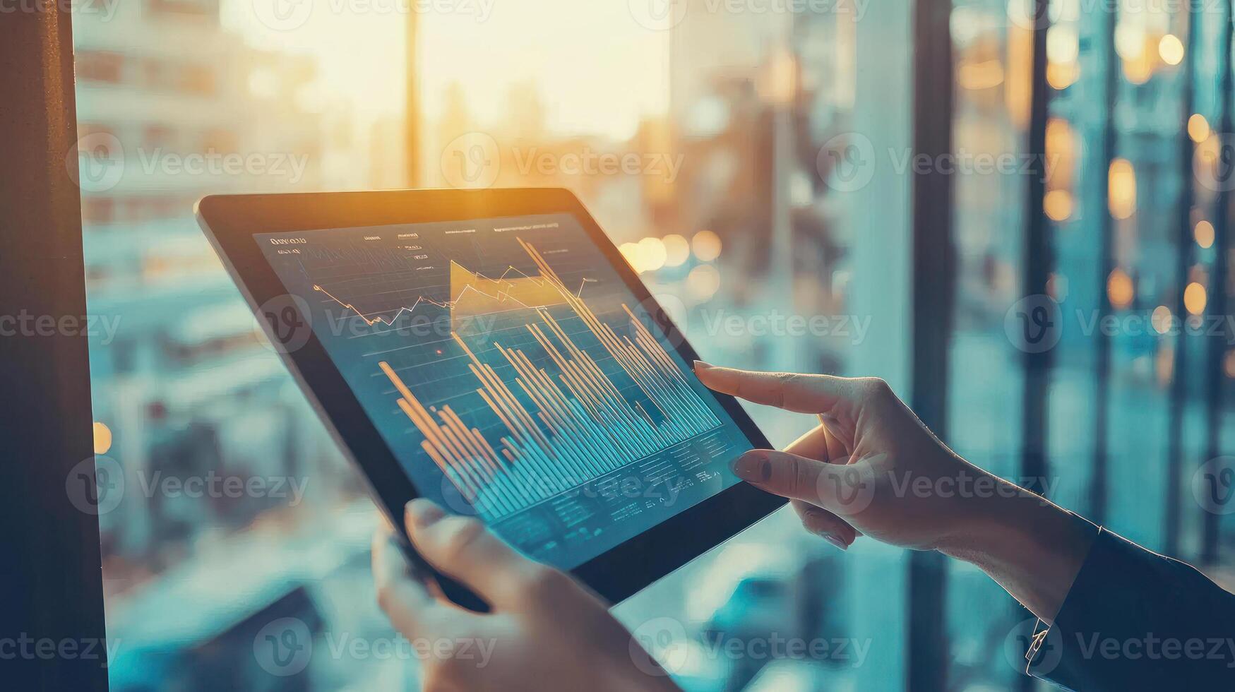 Hands Pointing at Dynamic Data on Tablet Screen photo