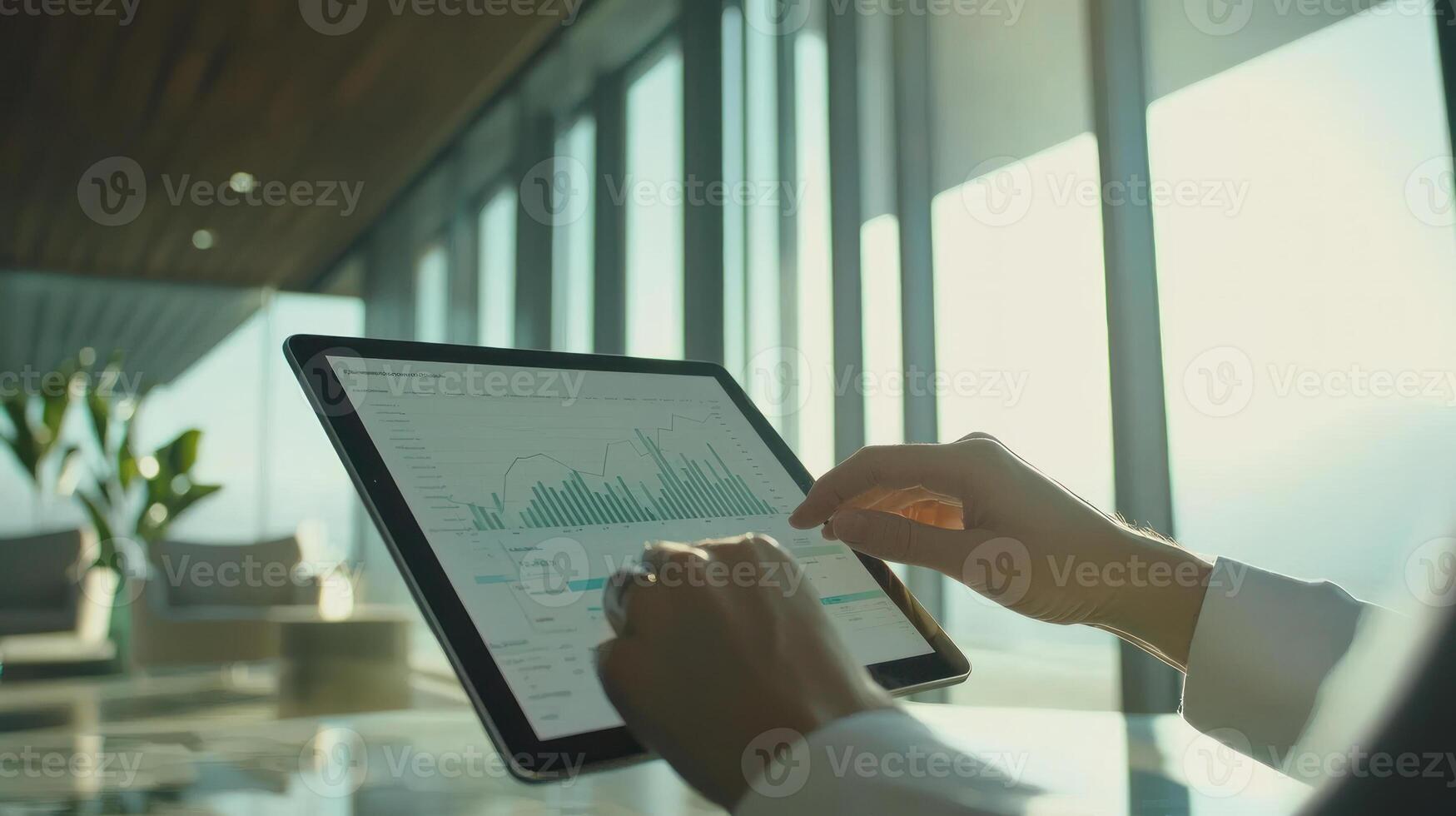 Hands Working on Tablet in Modern Office Setting photo