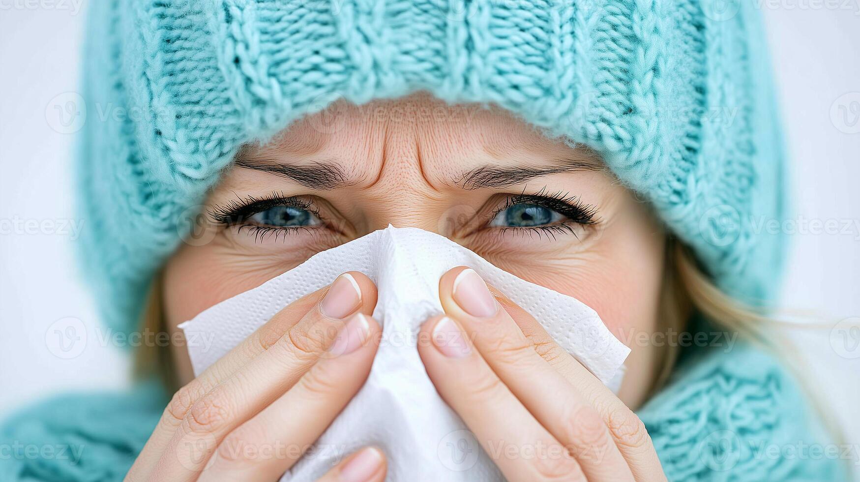 mid adult woman blowing nose in paper tissue suffering from cold in winter photo
