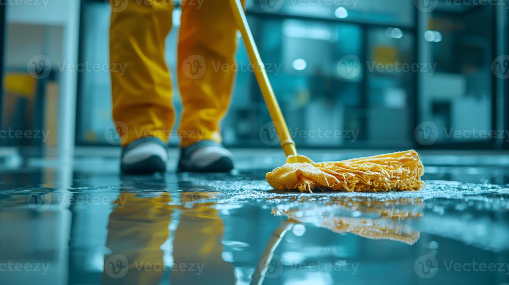 Janitor mopping a wet floor in a commercial building photo